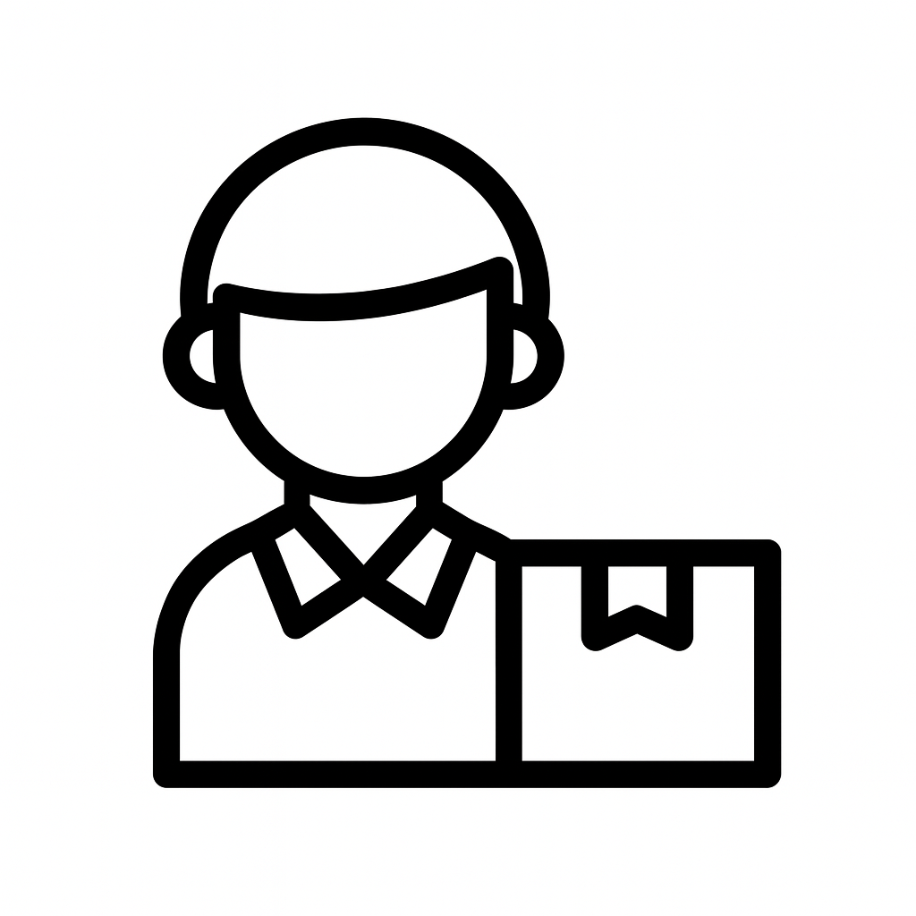 Outline icon representing a professional delivery agent or courier carrying a sealed cardboard shipping box, symbolizing fast shipping and fulfillment services.