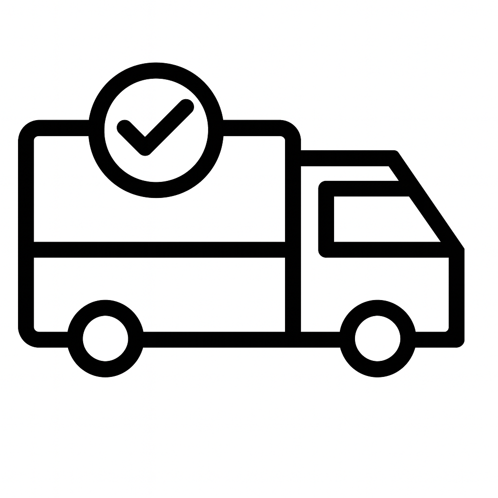 Outline icon of a commercial delivery truck with a checkmark in a circle above the cargo area, symbolizing confirmed order status and successful shipping.