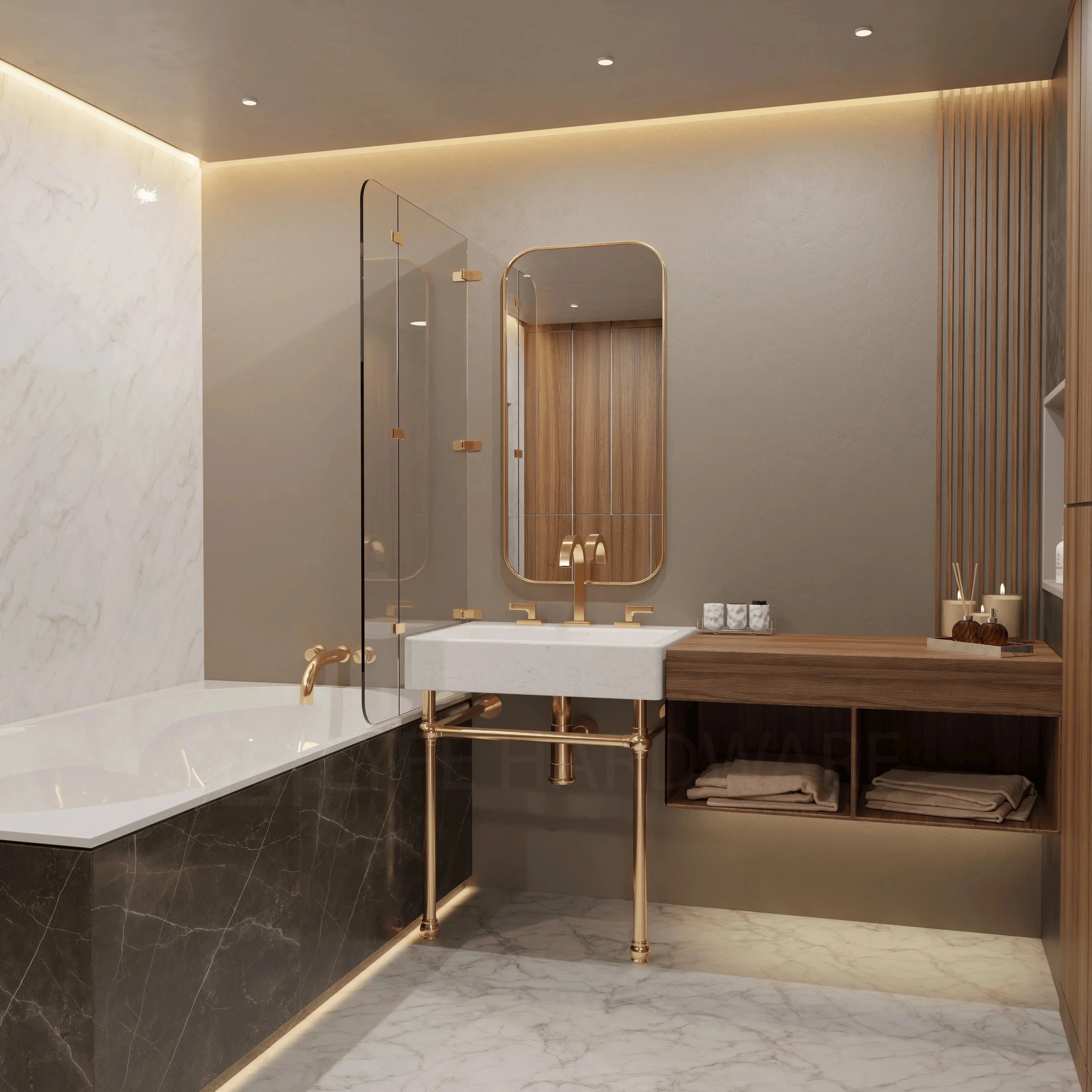 High-end contemporary bathroom design showcasing a white basin sink with polished brass pedestal support and wall-mounted gold fixtures. A dark veined marble bathtub surround is visible next to a glass shower partition, complementing the neutral walls and bright marble floor.